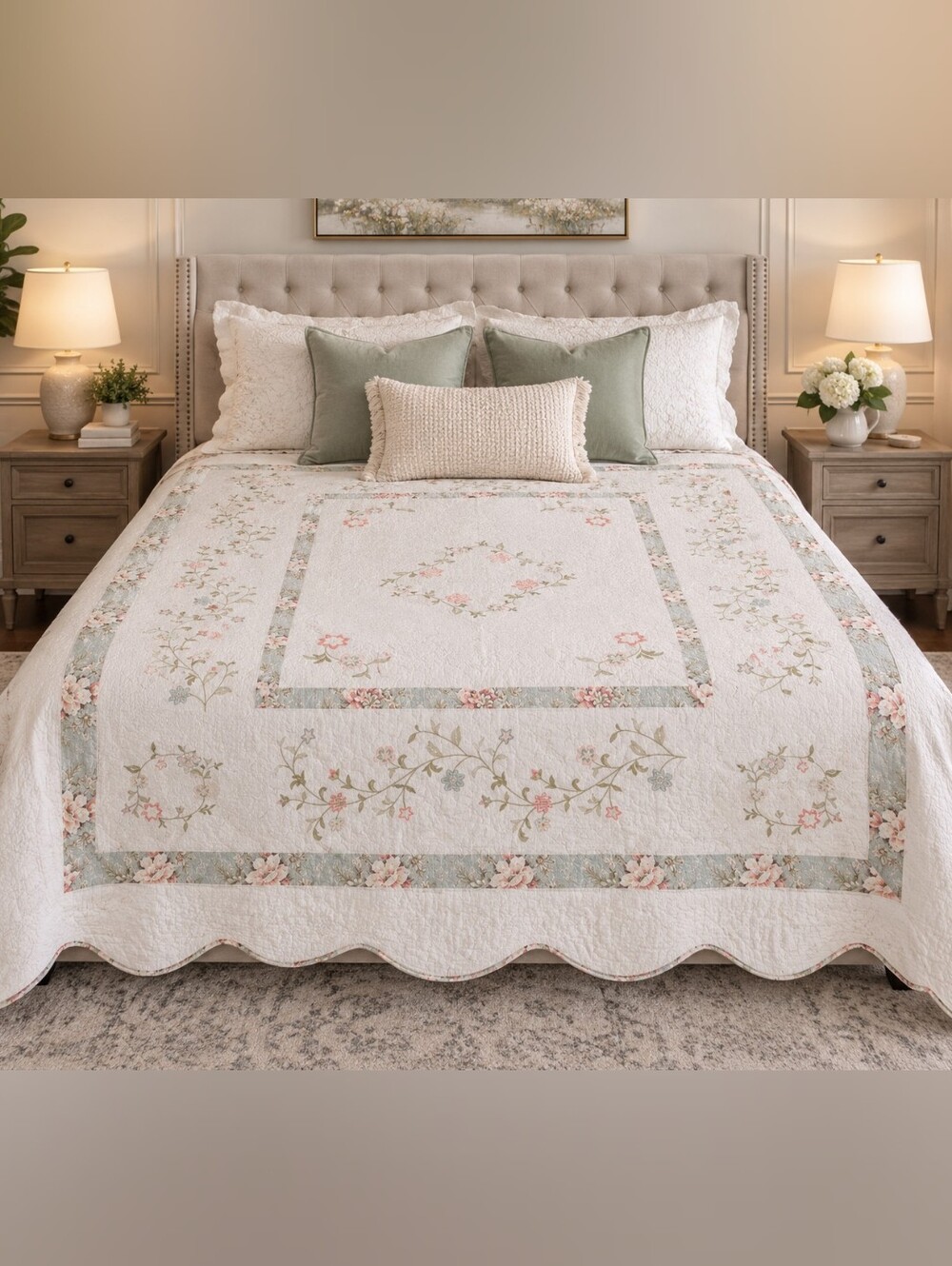 Classic Floral Patchwork Quilt - Cream & Sage Green